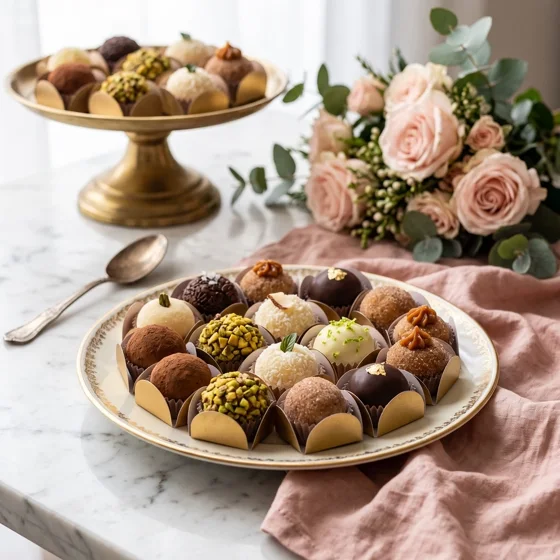 Travessa com brigadeiros, docinhos finos e trufas variadas