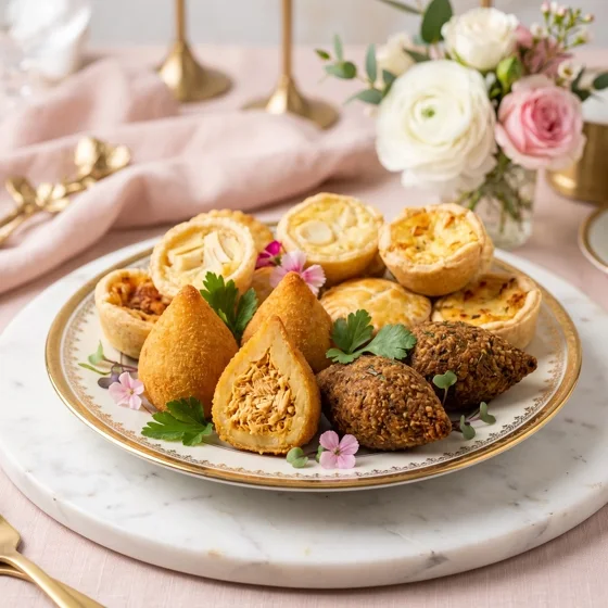 Mesa de festa montada pela Paula com bolo, doces e salgados